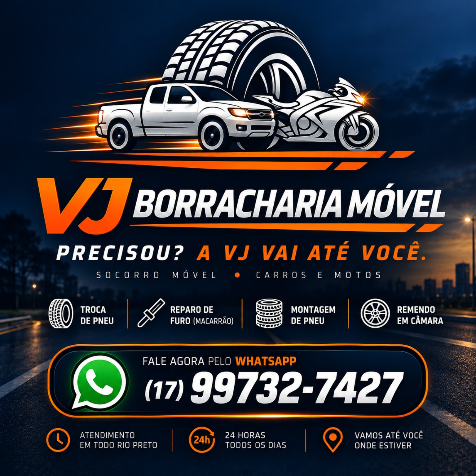 Arte oficial da Borracharia Móvel VJ com serviços, telefone e identidade da marca